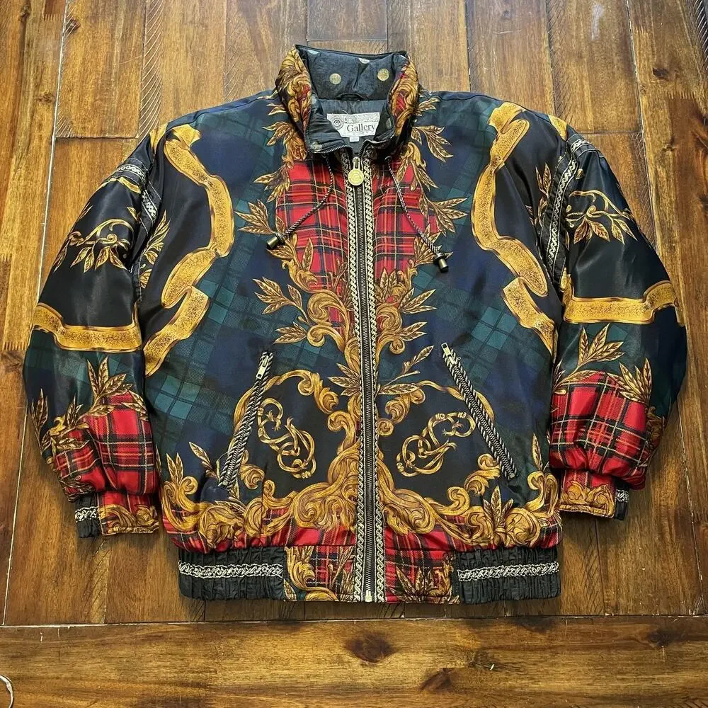 Vtg Gallery Down Jacket Womens S Baroque Plaid Puffer Bomber